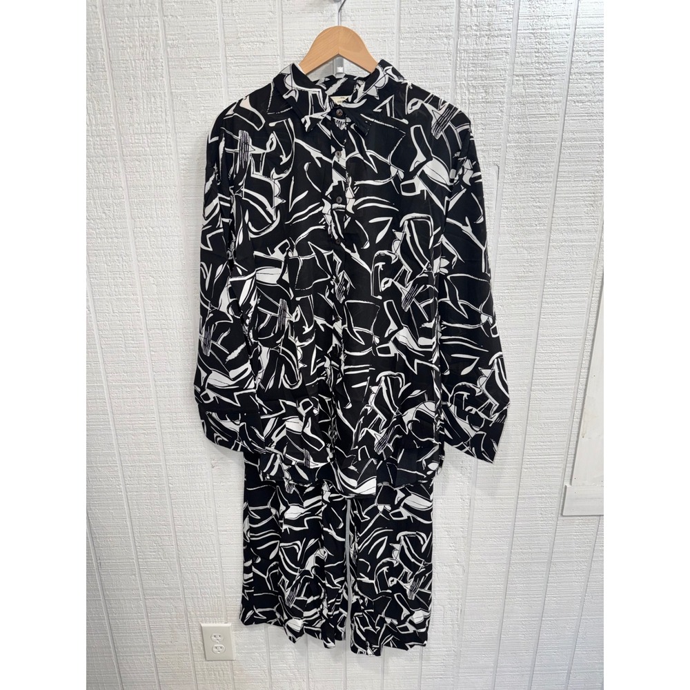 Entro 2-Piece Set Women Black White Abstract Print Shirt Pants Large NEW